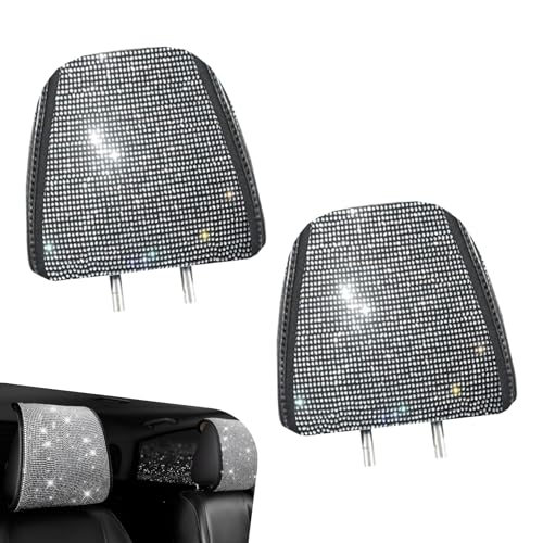 Foelony 2 PCS Bling Car Headrest Covers, Stylish Rhinestone Head Rest Cover Protector with Snap, Easy to Install Car Interior Decoration Accessories, Universal for Most Cars (Silver)