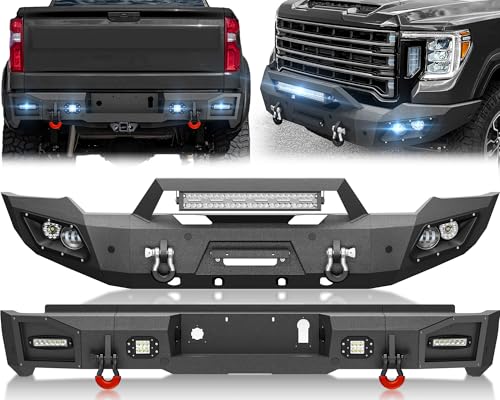 YZONA for Sierra 2500 Front & Rear Bumpers Compatible with 2020 2021 2022 2023 GMC Sierra 2500 3500 HD with Winch Plate, 9 x LED Lights, Sensor Holes, License Plate Lights, Paintable Armor & D-rings