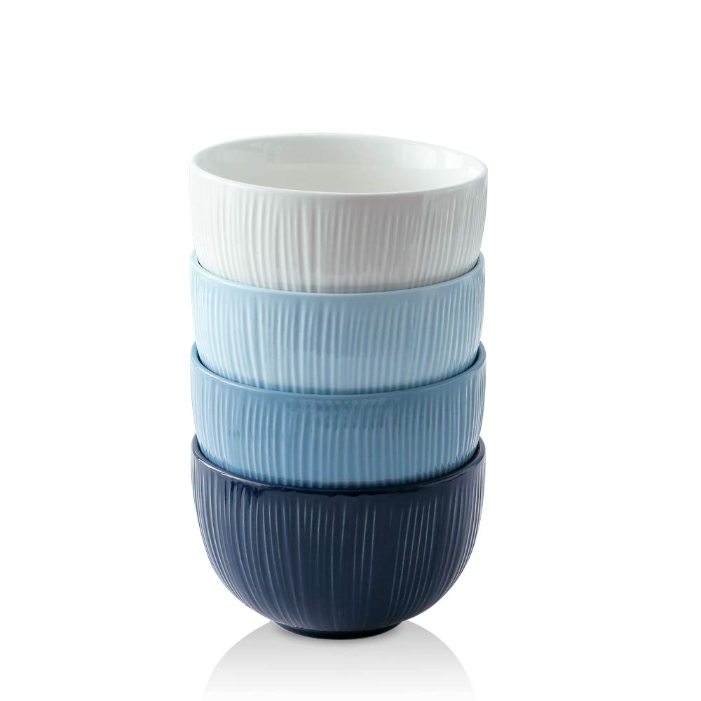 KOOV Ceramic Soup Bowl Microwave Safe, 30 Ounce Large Cereal Bowl, Big Ceramic Bowls Set For Oatmeal, Noodle, Breakfast Bowl, Big Cereal Bowls Set of 4 , Striped Series, Blue
