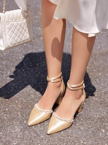 Coutgo Womens Pearl Chunky Heels Wedding Shoes for Bride Closed Pointed Toe Ankle Strap Satin Pumps3