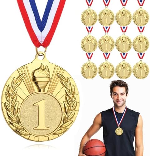 12 Pcs Gold Medals for Awards, 1st Place Award Medal for Adults, Torch Metal Award Medals with Neck Ribbons for Tournaments, Competitions, Sports, 2 inch