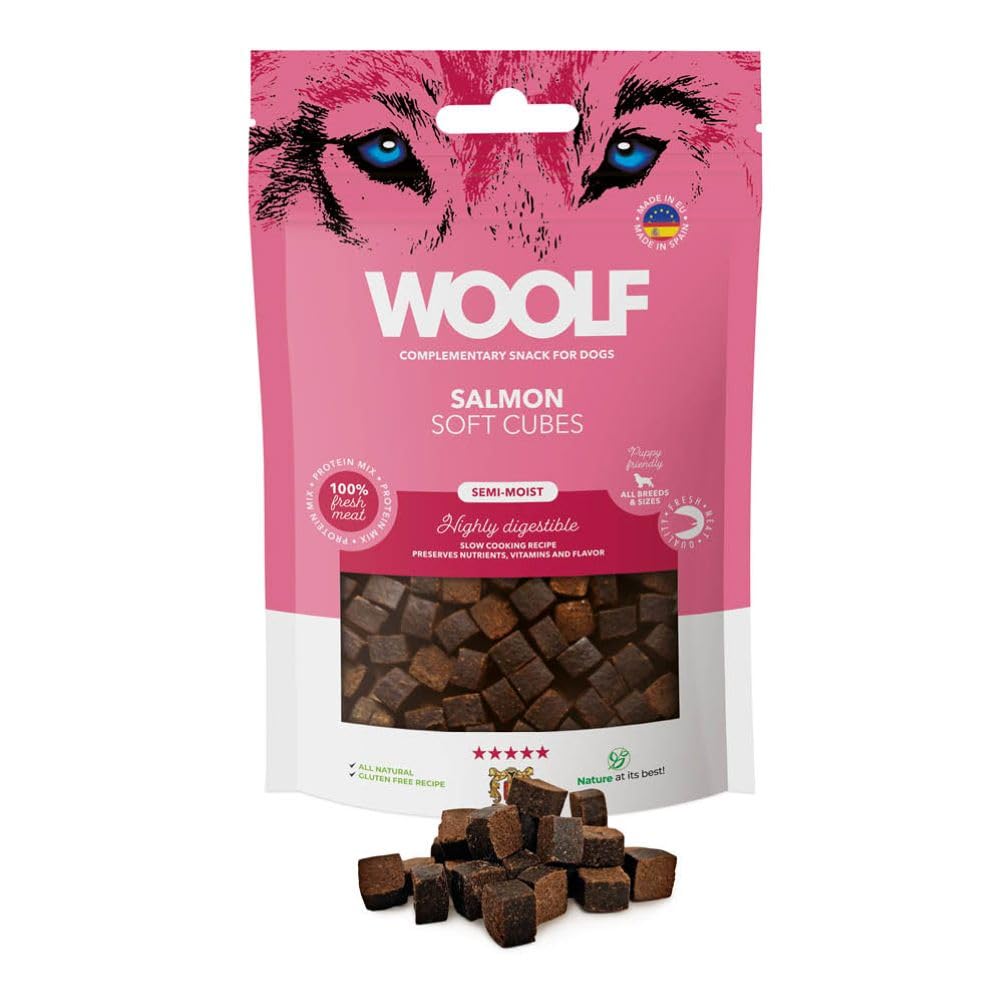 WOOLF Soft Cubes - Complementary Snacks for Dogs. Semi-Moist and Gluten-Free Dog Treats with Natural Ingredients. Mono Protein Formula. Suitable for Dogs and Puppies (Salmon, 100g)
