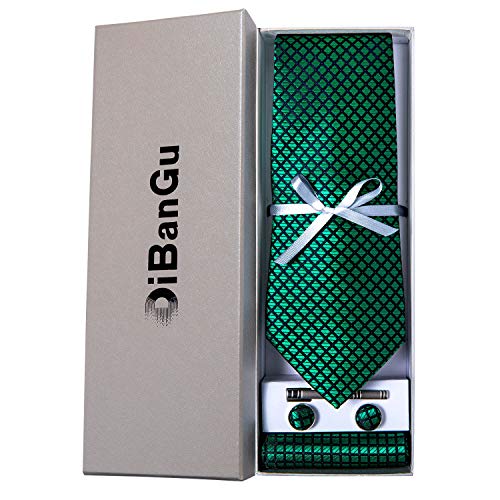 Image of DiBanGu Plaid Ties for Men Silk Checkered Necktie and Pocket Square Cufflinks Tie Clip Set with Gift Box for Wedding Business