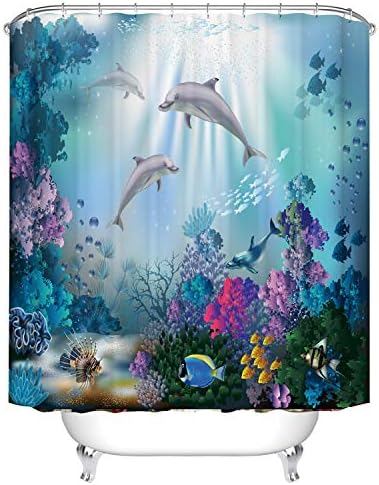 Cute Dolphin Shower Curtain Blue Ocean Underwater Colorful Fish Coral Reef Decorations Ocean Theme Bathroom Decor, 180 x 180 cm
