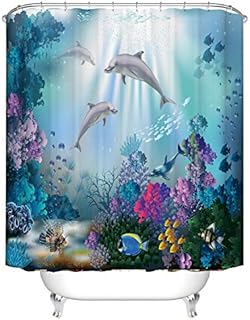 Cute Dolphin Shower Curtain Blue Ocean Underwater Colorful Fish Coral Reef Decorations Ocean Theme Bathroom Decor, 180 x 180 cm