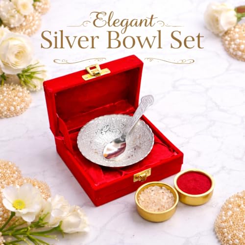 Image of Jaipur Ace Rakhi Gift Hamper for Bhaiya Bhabhi with Silver Plated Bowl Set, Pooja Thali, 2 Designer Rakhis, Roli Chawal, Raksha Bandhan Gift Set for Brother Bhabhi, Premium Rakhi Combo with Red Velvet Box