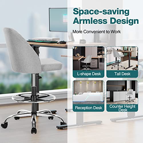 Smug Stool Office Standing, Armless Drafting Tall Desk Counter Height Adjustable Computer Chair With Wheels, Grey #TOP4