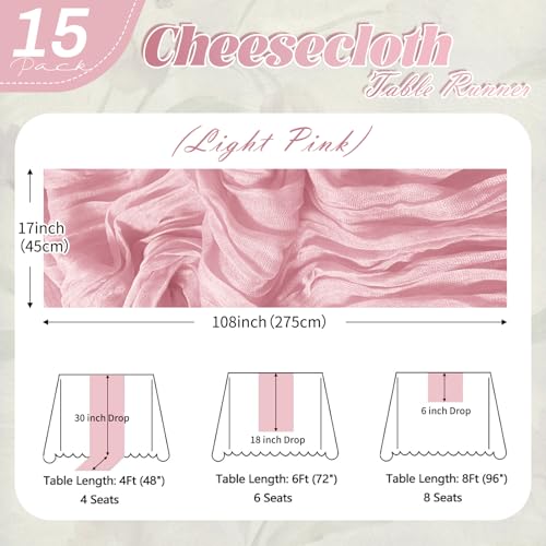 15 Pack Light Pink Cheesecloth Table Runner 17 x 108 inch Cheese Cloth Table Runners 9ft Pink Table Runner Rustic Romantic Sheer Gauze Runner for Wedding Party Baby Shower Table Decoration by Yorcari - Used condition - Image 2