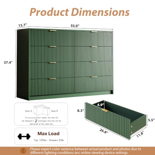 Image of MAISONARIA 55 inch Wide Fluted 8-Drawer Double Dresser for Bedroom, Green