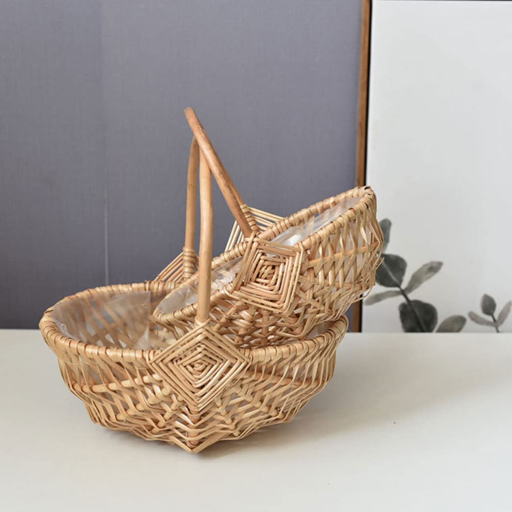 BESPORTBLE Cesto in vimini intrecciato con manico, cestino per fiori, cestino per fiori, per frutta, vaso da, da picnic, per matrimonio, decorazione rustica, shabby chic