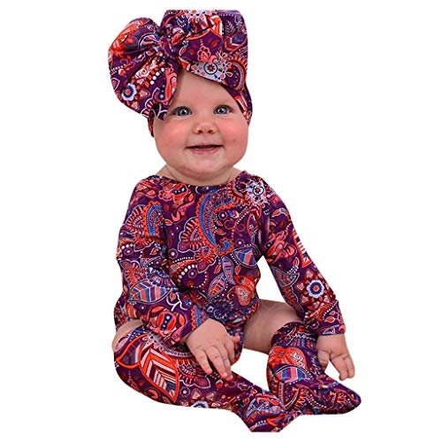3PCS Infant Toddler Baby Girl African Style Clothes Sets Long Sleeve Floral Print Romper Stocking Headband Outfits Purple