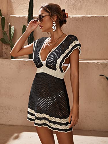 MakeMeChic Women's Deep V Neck Hollow Out See Through Knit Swimsuit Cover Up Beach Dress4
