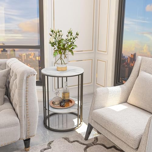 Image of NEST NATURE HAVEN Round Side Table Corner End Table for Living Room Bedside Mid Century Modern Coffee Table or Circle Accent Table for Small Spaces Metal Nightstand (Black and White)