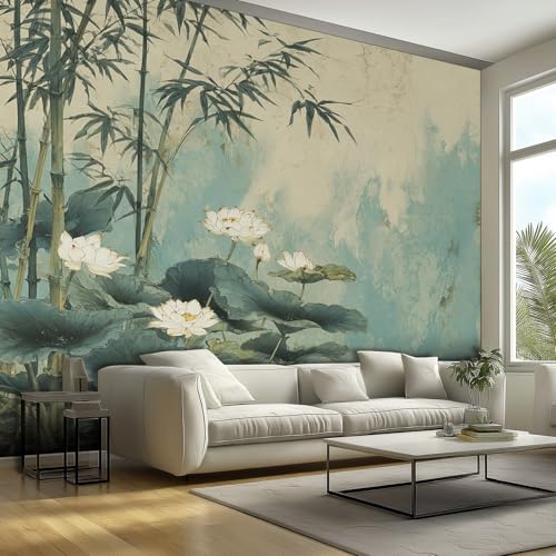 Generic Japanese Wallpaper & Wall Murals, 138" W x 98" H - Lotus Flower Leaf Bamboo Leaves Wall Mural Decoration, Japanese Home Decor for Bedroom, Living Room, Waterproof - Not Peel and Stick - Ha5776