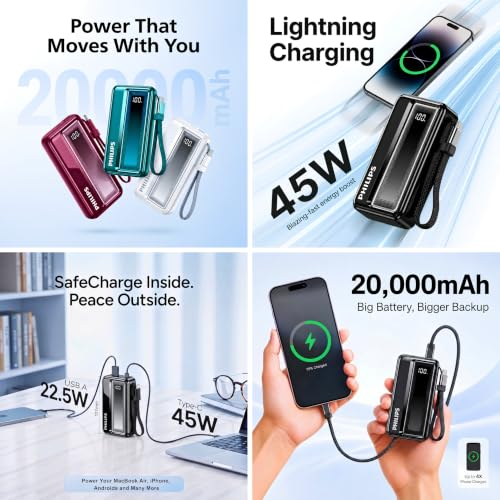 Image of Philips DLP2721NB /94 20000mAh 45W Fast Charging Power Bank with Built-in Type-C Cable (Dark Slate) | Digital LED Display | Lithium Polymer | 2 Type-C & USB-A | Pocket Size | Compact & Travel-Friendly