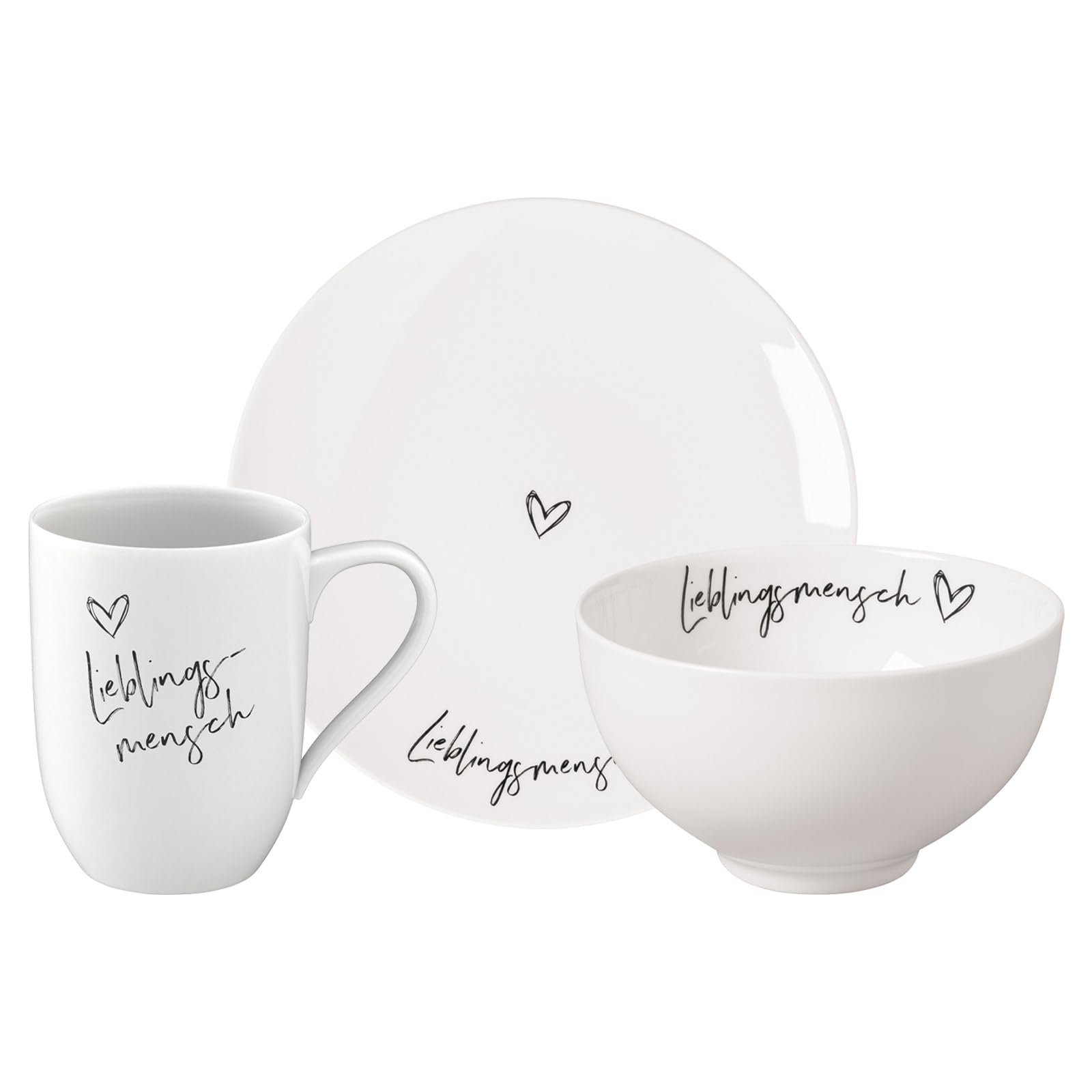 Villeroy & Boch Statement Frühstücks-Set 3-teilig | Lieblingsmensch | Geschirr-Set für eine Person: Henkelbecher (290 ml), Frühstücksteller (21 cm) und Müslischale (14 cm) | Premium Porzellan | Weiß