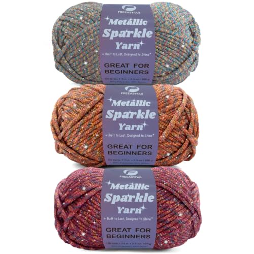 Image of Metallic Sparkle Yarn for Crochet and Knitting with Easy-to-See Stitches, Worsted Weight Medium #4, Beginners Yarn for Amigurumi, Bags, Home Decor (Berry+Ocean+Mandarin, 3 Pack)