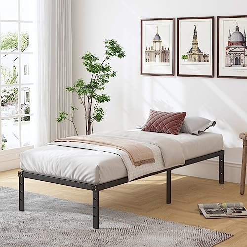 Hobinche 14 Inch Metal Twin Bed Frame No Box Spring Needed - Easy Assembly Heavy Duty Noise Free Narrow Bedframes - Single Black Basic Anti Squeak Steel Slats Platform With Storage #TOP1