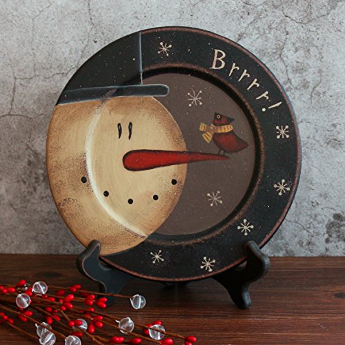 Cvhomedeco. Primitive Vintage Hand Painted Decorative Wood Plate Brrrr Snowman And Little Bird Wooden Plate Home Décor Art, 8-1/2 Inch #TOP1