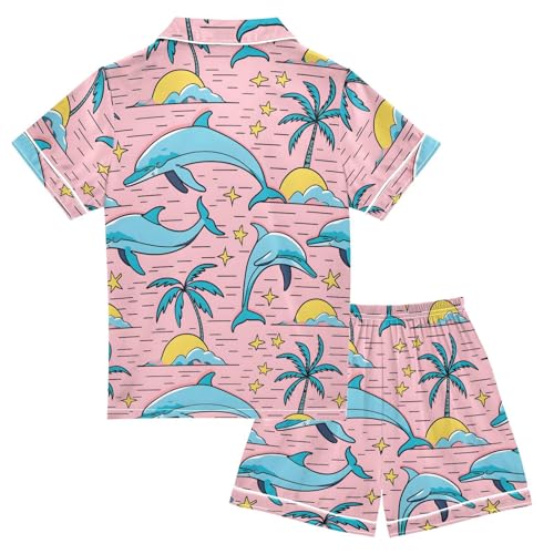 ALAZA Blue Dolphin Star Palm Tree Satin Pajamas Set Short Sleeve Button Down Sleepwear Summer Pjs 2 Piece2
