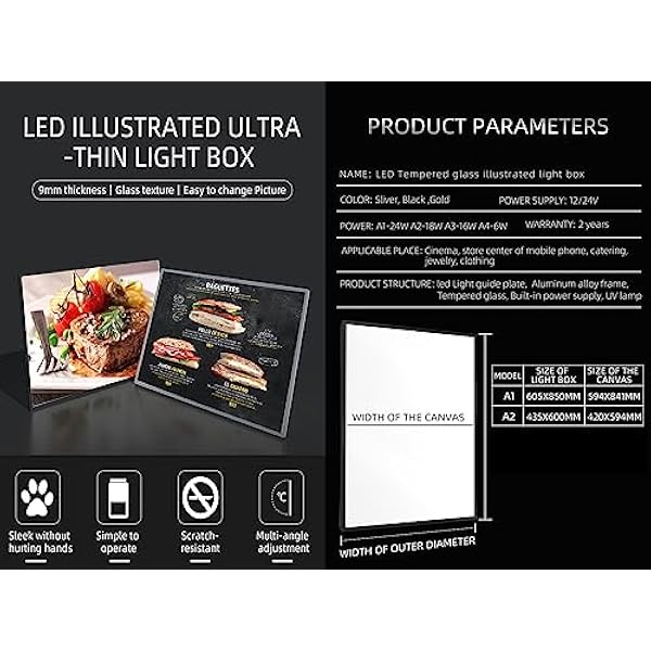 A1 Led-lichtbak, ultraslanke wandmontage, reclame-displaylijst, verlicht menubord voor restaurants, bars, winkels, afhaalmaaltijden, verlichte posterhouder (A1-formaat, zwart)