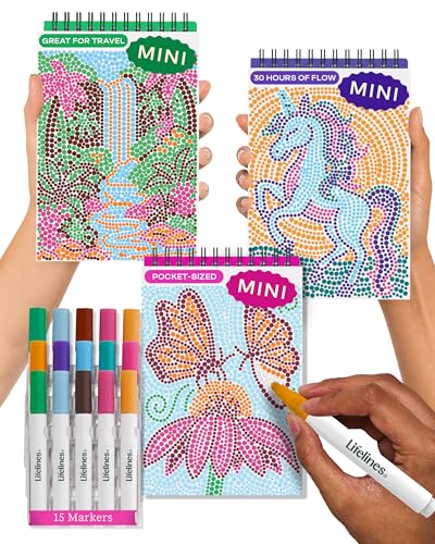 Lifelines FlowArt Mini Activity Pads 3-Pack - Guided Dot-by-Letter Art Meditations with Markers - 15 Markers & 60 Scenes - Pocket-Sized Coloring Books for Tweens Adults & Seniors - Patent-Pending