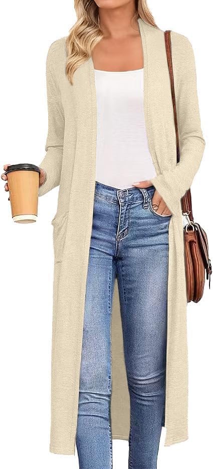 AYIFU Womens Maxi Cardigan Lightweight Long Sleeve Open Front Casual Cardigans Duster with Pockets