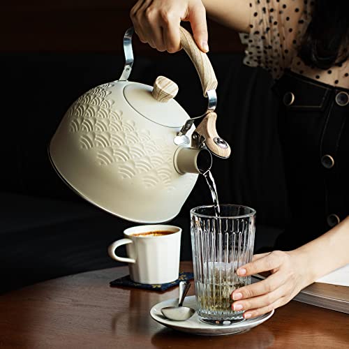 Whistling Tea Kettle Stainless Steel Tea Pots For Stove Top Stylish Kettle With Wood Pattern Anti-Slip Handle,2.6 Quart, Beige #TOP7