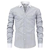IRIRI Camisa de Vestir a Rayas Azul Claro y Blanco for Hombre, Camisa de Manga Larga con Botones y Cuello y puños en Contraste, Camisa de Negocios Formal Ajustada(Grey+White,L)