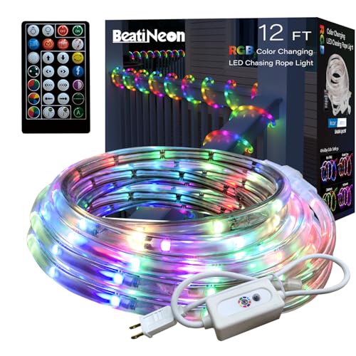 Image of RGB Strip Lights with IR Remote Control, 12FT 72LEDs RGB LED Outdoor Rope Lights, 13MM Waterproof Neon LED Lights 500+ Colors for Bedroom Living Room Patio Christmas Decor (12ft)