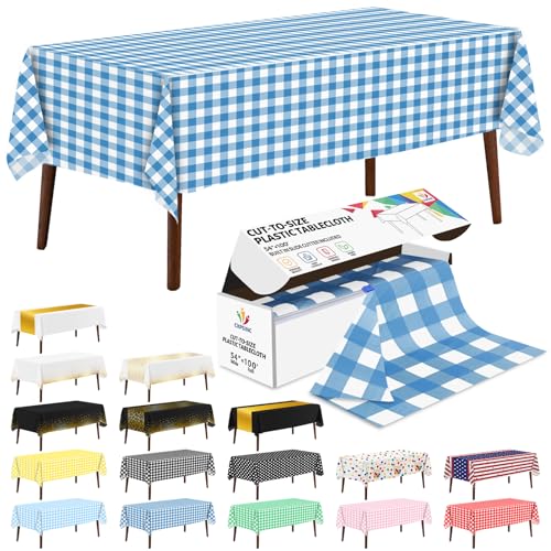 CXPSINC 54 Inch X 100 Feet Plastic Table Cover Roll Disposable Tablecloth with Slide Cutter for All Type/Shape Tables | Party, Banquet, Birthdays, Weddings(Blue Checkered, 100 Feet)