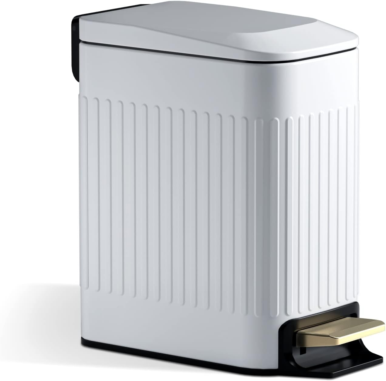 Small Bathroom Trash Can with Lid Soft Close-6L/1.6 Gal Slim Step Garbage Can-Metal Pedal Wastebasket-Narrow Rectangle Garbage Container Bin for Corner Office, Bedroom, Toilet, Live Room-White