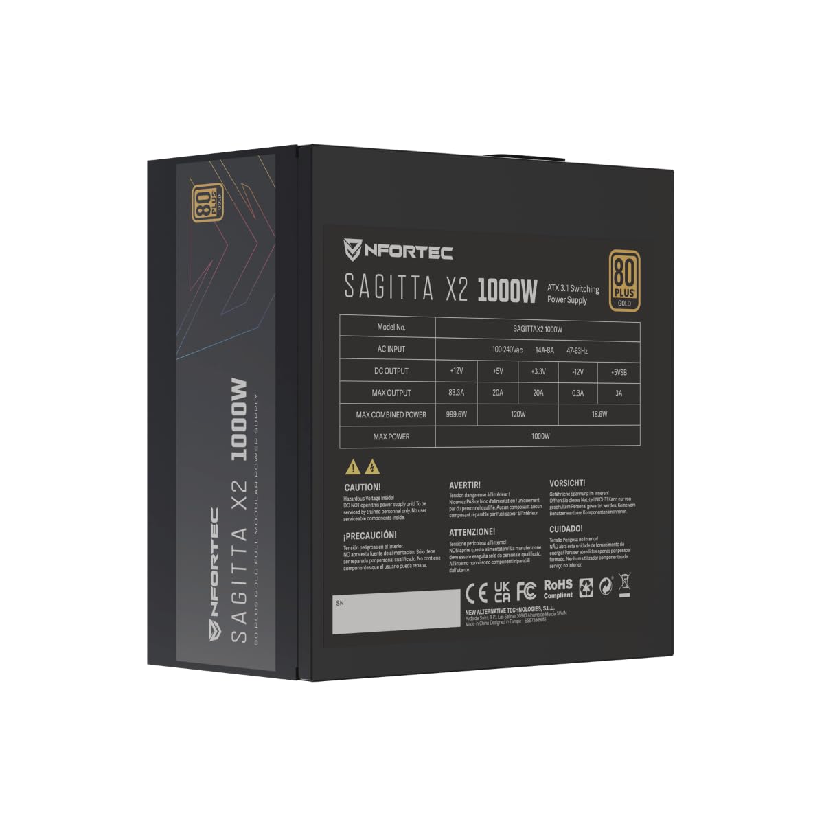 Nfortec Sagitta X2 1000W Fuente de alimentación Full Modular 80+ Gold, Ventilador silencioso PCIE 5.1, ATX 3.1, Negro