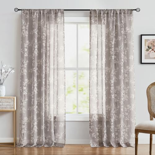 Image of FMFUNCTEX Linen Sheer Blossom Floral Print Curtains Taupe 96 Inch 2 Panels