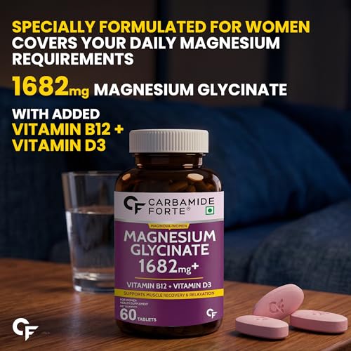 Image of Carbamide Forte Magnesium Glycinate for Women 1682mg | Magnesium supplement for women with Vitamin D3 & B12 | High Absorption Formula For Muscle Recovery, Sleep & Bone Health | 60 Veg Tablets