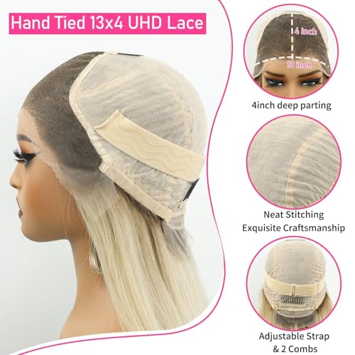 Image of Ash Blonde Highlight Wave Glueless Lace Front Wig 13x4 24in 220% | 100% Remy Human Hair, UHD Transparent Lace, Salon Dyed Highlight Color, Glueless Adjustable Cap, Daily Party Club