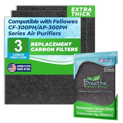 Breathe Naturally - 3 Pack Replacement Carbon Filter - Extra Thick Carbon Pre-Filters, Measured Exactly to Fit Fellowes CF-300PH/AP-300PH Series Air Purifiers - Premium Air Quality & Odor Control