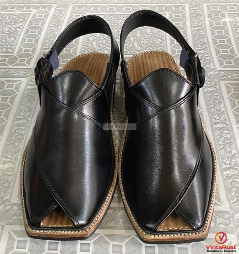Black Leather Peshawari Chappal: Handmade Gents Sandals4
