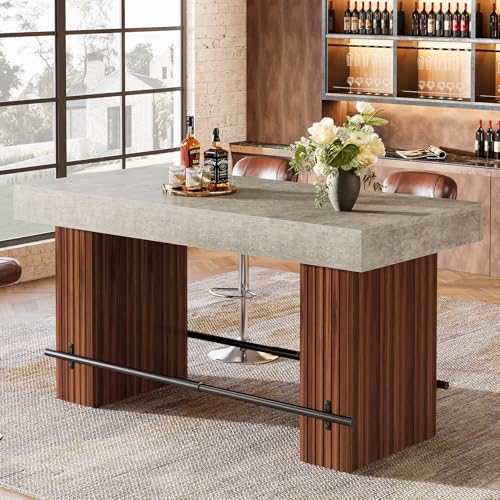 Image of Tribesigns 62.2 Inch Bar Table, Industrial Bar Height Counter Table, Rectangular Home Bar Units with Metal Footrest for Home Kitchen, Dining Room, Bistro, Gray Cement and Red Brown