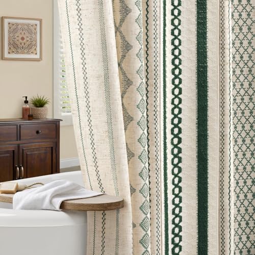 NDDYCU Dark Green Boho Shower Curtain for Bathroom Linen Striped Print and Twine-Inspired Woven Center 72 W x 72 L