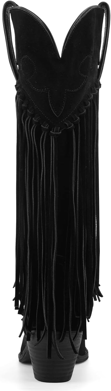 Fringe Knee High Cowgirl Boots for Women Embroidered Pointed Toe Chunky Block Heel Cowboy Western Tassel Boot - Image 7