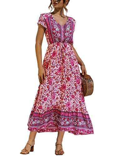 BUOYDM Mujer Vestido Largos Bohemio Floral Nacional Verano Casual Vestido Magas Cortas Elegantes de Fiesta Noche Playa Vacaciones Morado M Cover
