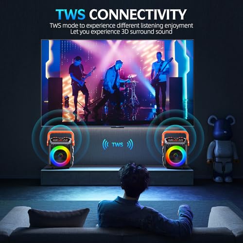 Karaoke Machine with 2 Wireless Mics,Portable Bluetooth Speaker & TWS Mode, 20W HD Sound with 6 Light Effects for Home/Outdoor/Gifts – 10H Playtime, AI Voice Changer (Orange) - Image 6