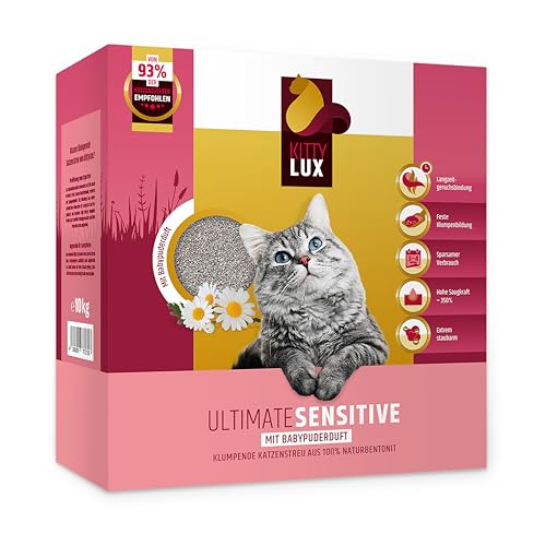KITTYLUX KittyLux klumpende Katzenstreu Ultimate Sensitive 10kg mit Babypuderduft für Sensible Katzen, Klumpstreu 100% Naturbentonit, Feste Klumpenbildung, schnelle Geruchsbildung, geringer Verbrauch