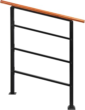 Adjustable Wrought Iron Handrail - Fit 1 to 3 Steps Stair Railing with Installation Kit for Exterior Stairs, Garden, House Entrance, Wooden Steps