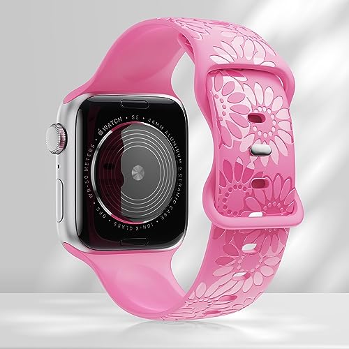 Image of Sunflower Engraved Band Compatible with Apple Watch Bands 38mm 40mm 41mm 42mm 44mm 45mm 49mm Women, Designer Soft Glossy Floral Silicone Strap for iWatch Series Ultra 11 10 9 8 7 6 SE 5 4 3 2 1