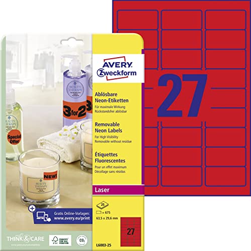 Étiquettes Avery L6003-25 rouges de 63,5 x 29,6 mm pour un marquage de dossiers précis
