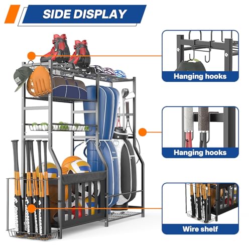 Image of Heavy Duty Garage Sports Equipment Organizer, All-in-One Golf Bag Storage Rack & Multi-Sport Ball Holder for Basketballs, Bats & Kids Toys, Indoor /Outdoor Free Standing Gear Bin
