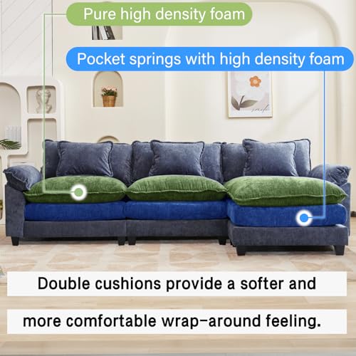 Image of Oprisen 120 inch Modular Sectional Sofa, Comfy Cloud Couch Sectional Sofa with Ottoman, Chenille Sofa Sleeper Deep Seat Sofa with Throw Pillows for Living Room (Blue, 120 inch- L Shape)