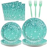 96 Pcs Teal and Silver Tableware Set for 24 Guests Happy Birthday Table Decorations Breakfast Blue Birthday Theme Dessert Plates Napkins Forks for Girls Women Silver Glitter Birthday Party Supplies